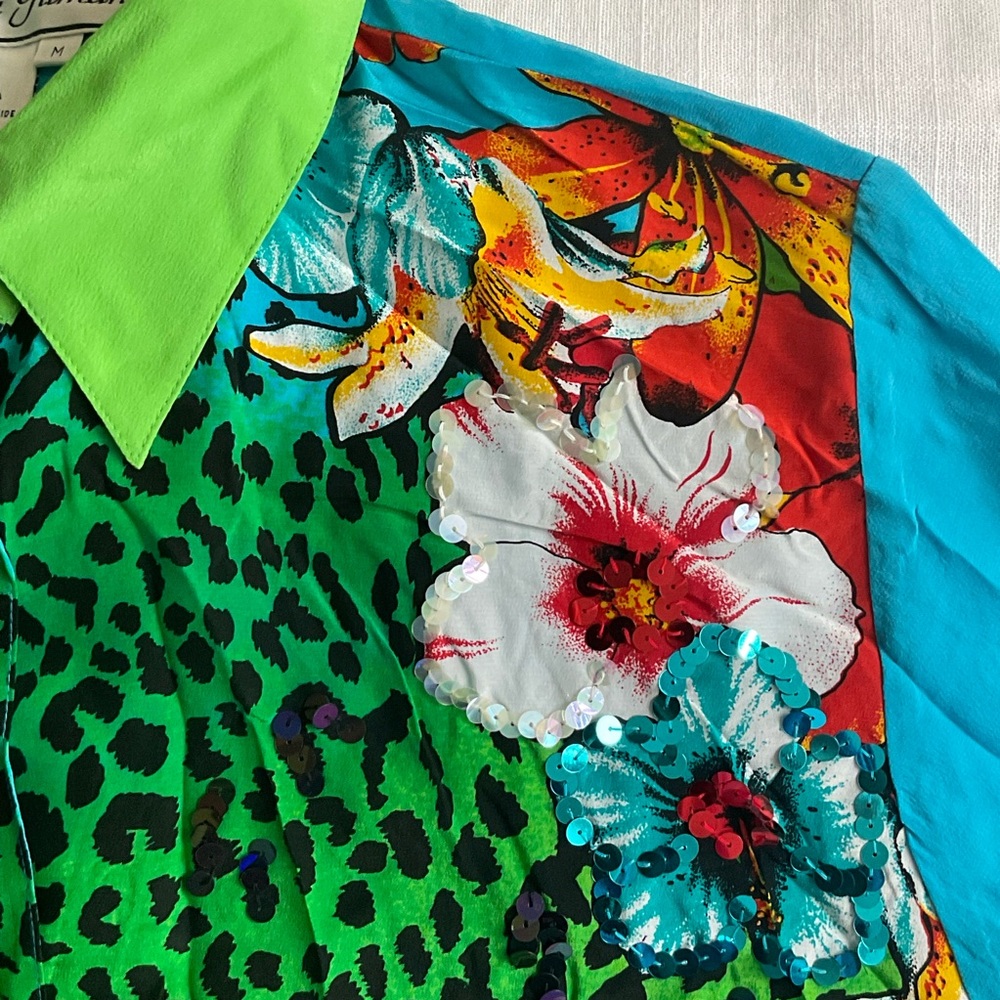 Diane Gilman | Vintage 100% Silk Leopard Floral Sequin Maximalist Blouse | M - Picture 12 of 12
